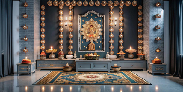 Wooden Mandir Unit with carved back panel and storage by APT SPACE