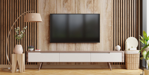 Floating TV panel with concealed wiring and ambient backlighting by APT SPACE